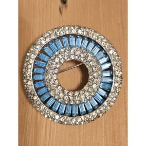 Rhinestone Brooch Pin Round Circle Blue Baguette Vintage Style Jewelry